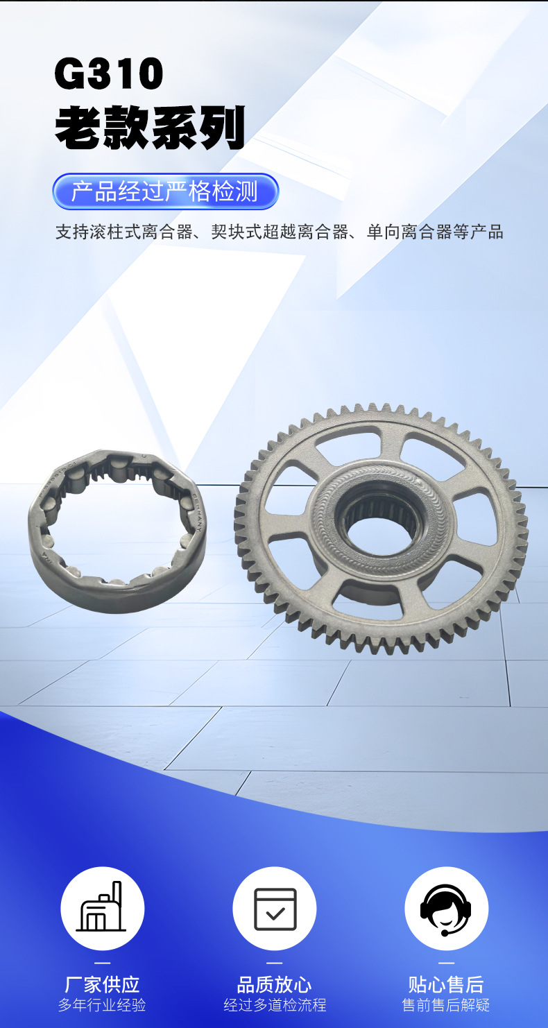 Manufacturer supplies in-stock G310 old model motorcycle spare parts, including the overrunning clutch assembly and starter plate, for wholesale