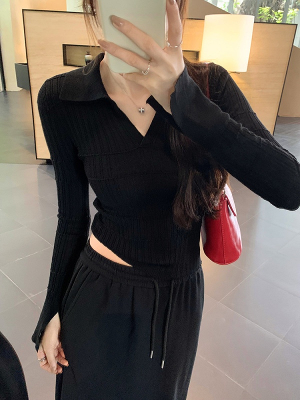 polo领喇叭长袖白色针织打底衫女新款入秋高级感穿搭修身显瘦上衣|undefined