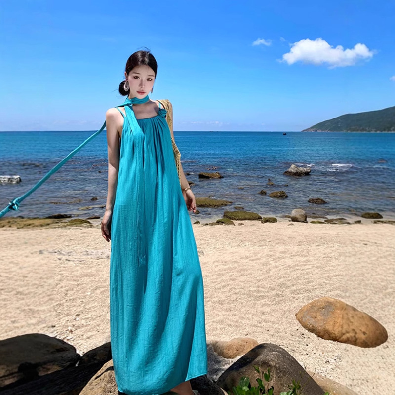 Thailand Seaside Beach Long Skirt to Ankle Super Long Vacation Style Tall Loose Pleated Sling dress Summer
