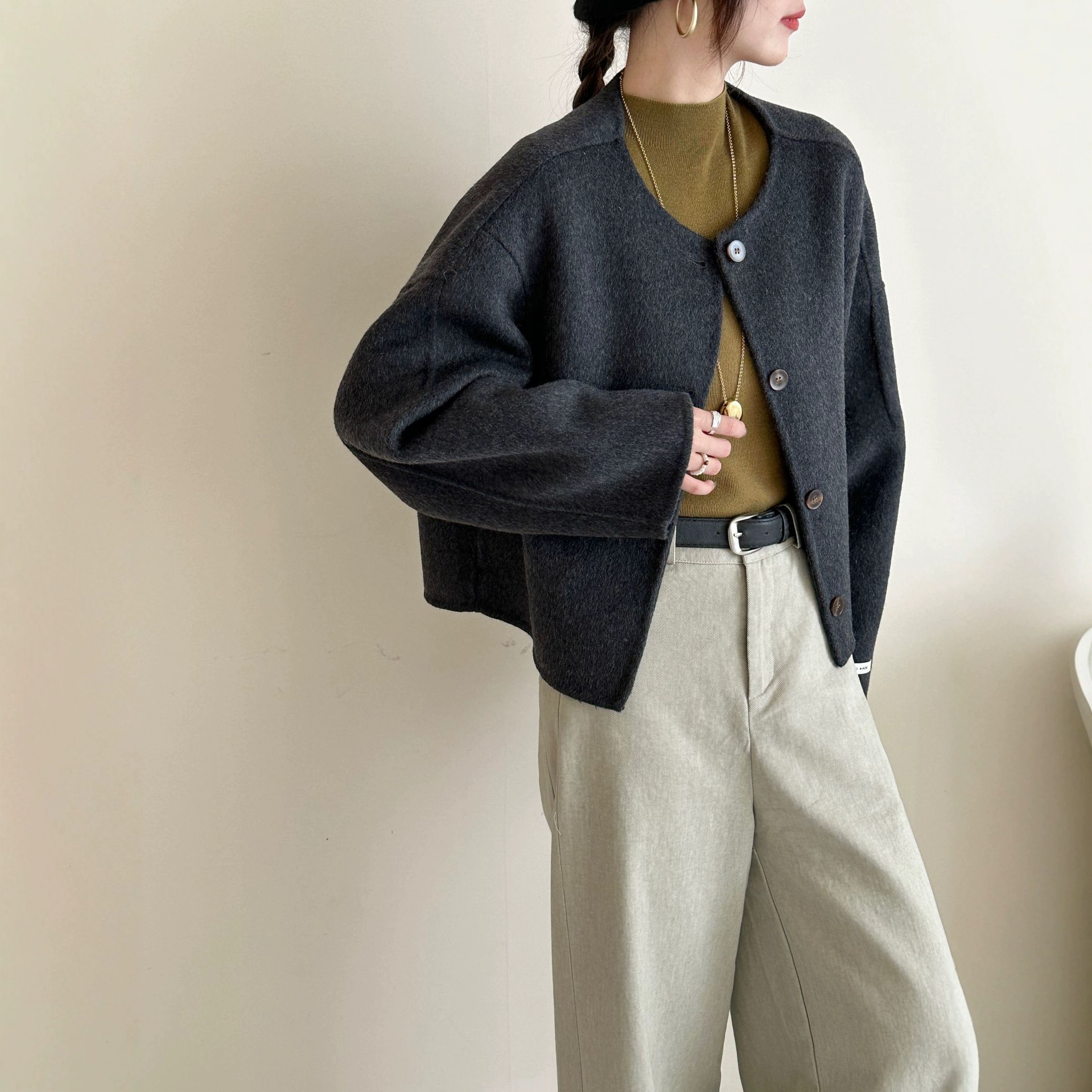 Round Neck Single-Breasted Dropped Shoulder Long Sleeve Three-Dimensional Cut Double-Sided Wool Coat Woolen Jacket for Women Autumn and Winter