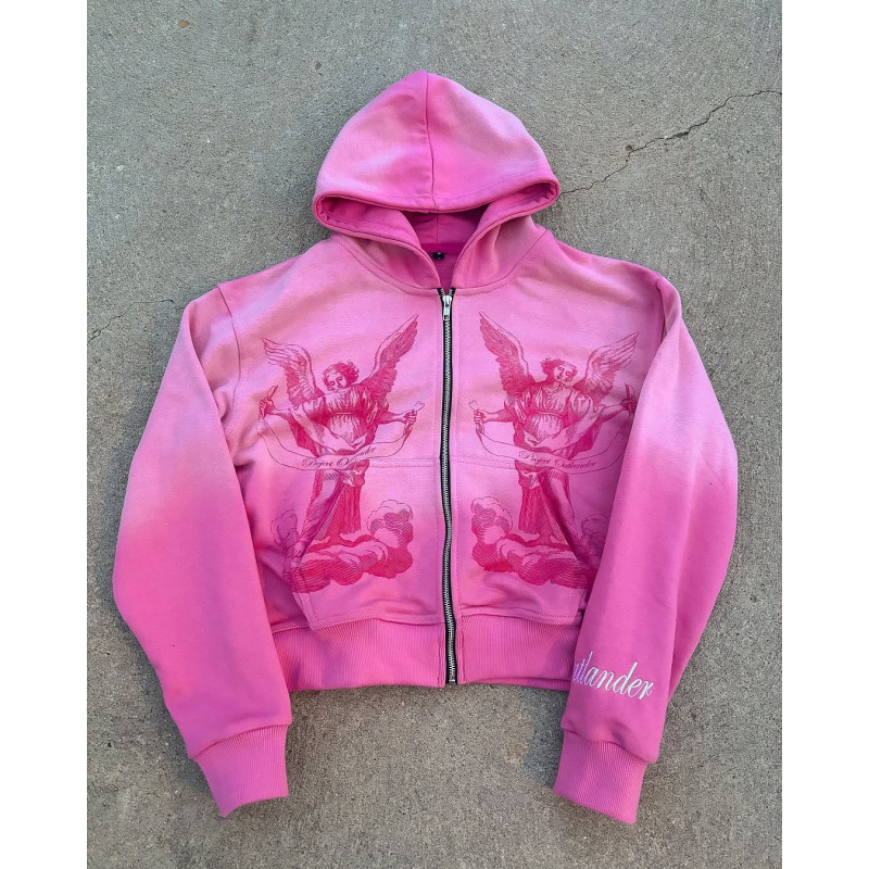 Men's Clothing Design Color Cardigan Hooded Sports Sweatshirt Jacket Top Gradient Jacket American Hip Hop Rock Pink_viptrois.com