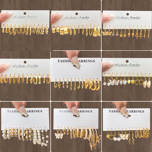 Muse Fashion Cross-border New Women's Earring Set European and American Retro Heart Butterfly Pearl Earring Set Combo Wholesale