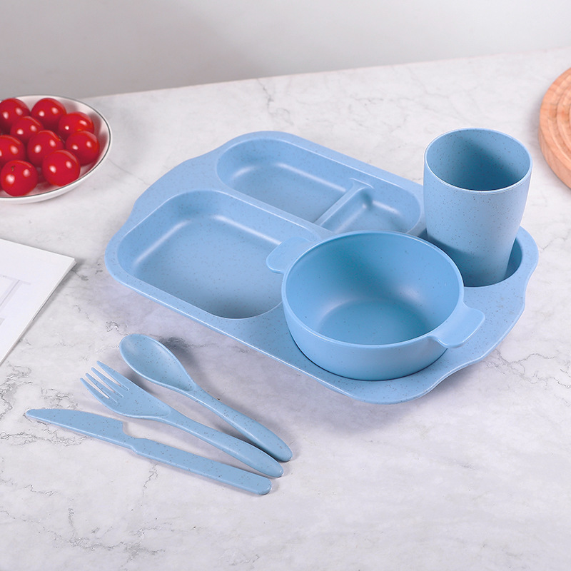 Plato de comedor para niños 24 piezas set de paja de trigo jardín de infantes anti-caída taza de plato de comedor cuchillo y tenedor cuchara set