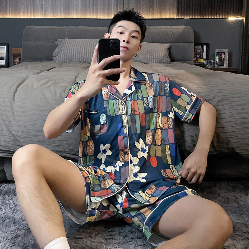 Men's Pajamas Summer Ice Silk Breathable Short-Sleeved Large Size 150kg Loose Thin Youth Home Wear Two-Piece Set