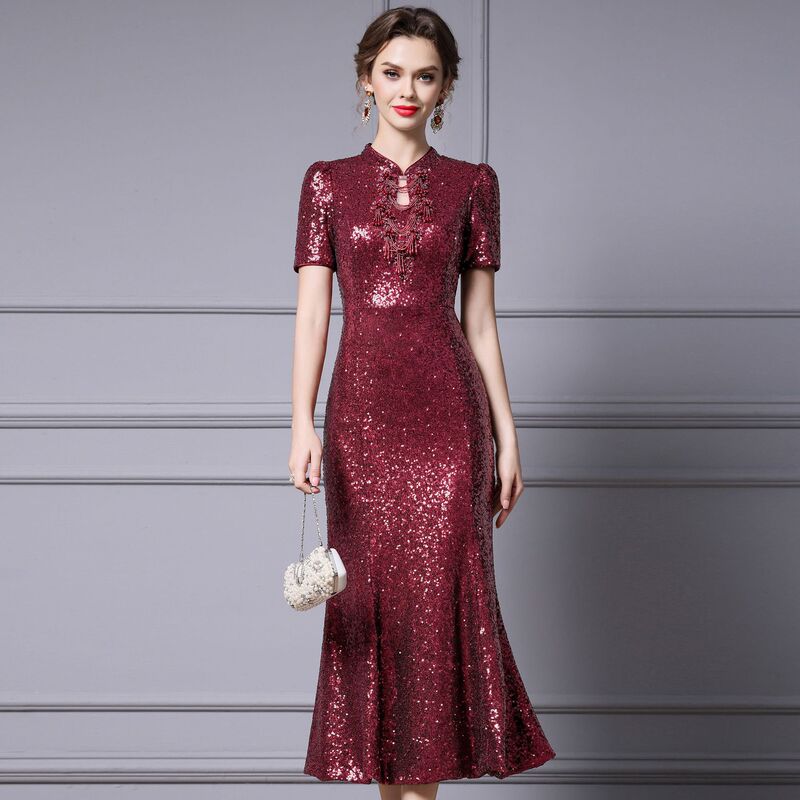 Zhili's Stunning Waist-Cinching Dress for Summer 2026, New Chinese-Style Red Sequin Long Mermaid Dress