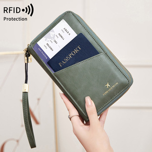 2024 Cross-border RFID Multi-function Travel Double Zipper Passbook Bag Air Ticket Storage Certificate Bag Crossbody Long Wallet