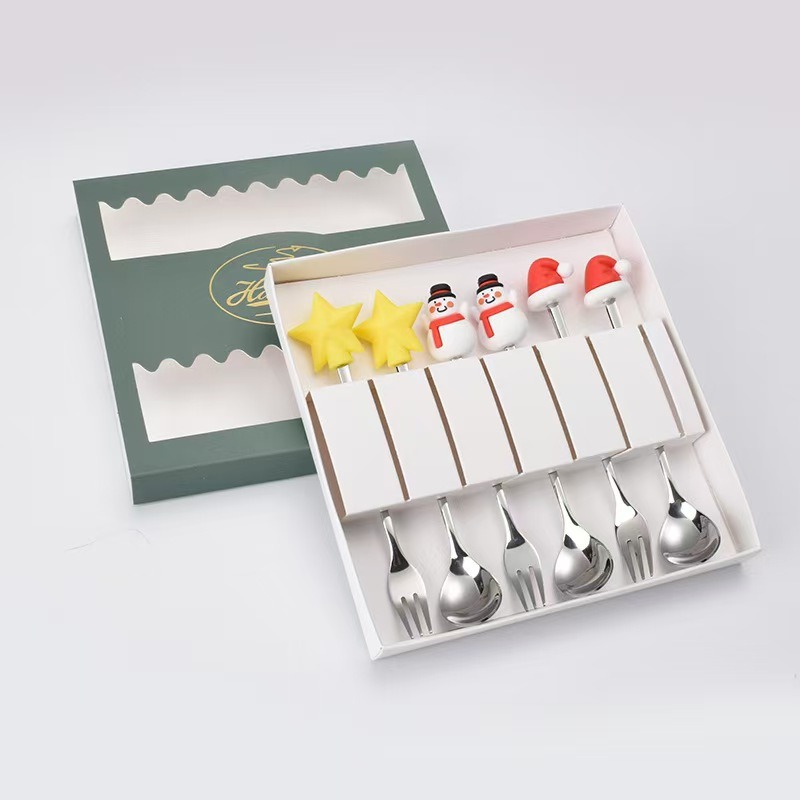 Cucharas de acero inoxidable transfronterizas muñecas de Papá Noel cubiertos cajas de regalo caseras de café mezclador cucharas de postre horquilla de frutas