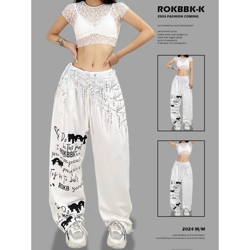 European and American Style 2025 New Casual Cloth Korean Hip-Hop Trendy Brand Single-Leg Printed Jazz Pants Dancing Sports Pants for Women