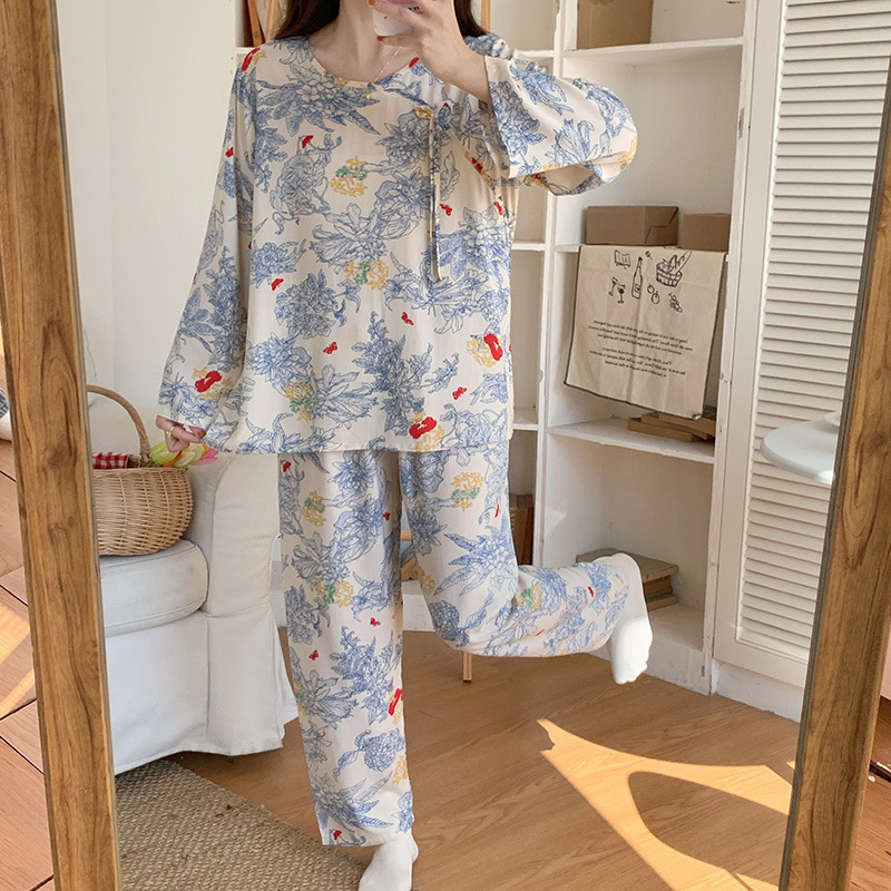 2024 New Summer Pajamas Women's Long-sleeved Comfortable Casual Home Clothes 30-year-old Cotton Silk Mother Suit Cropped Pants