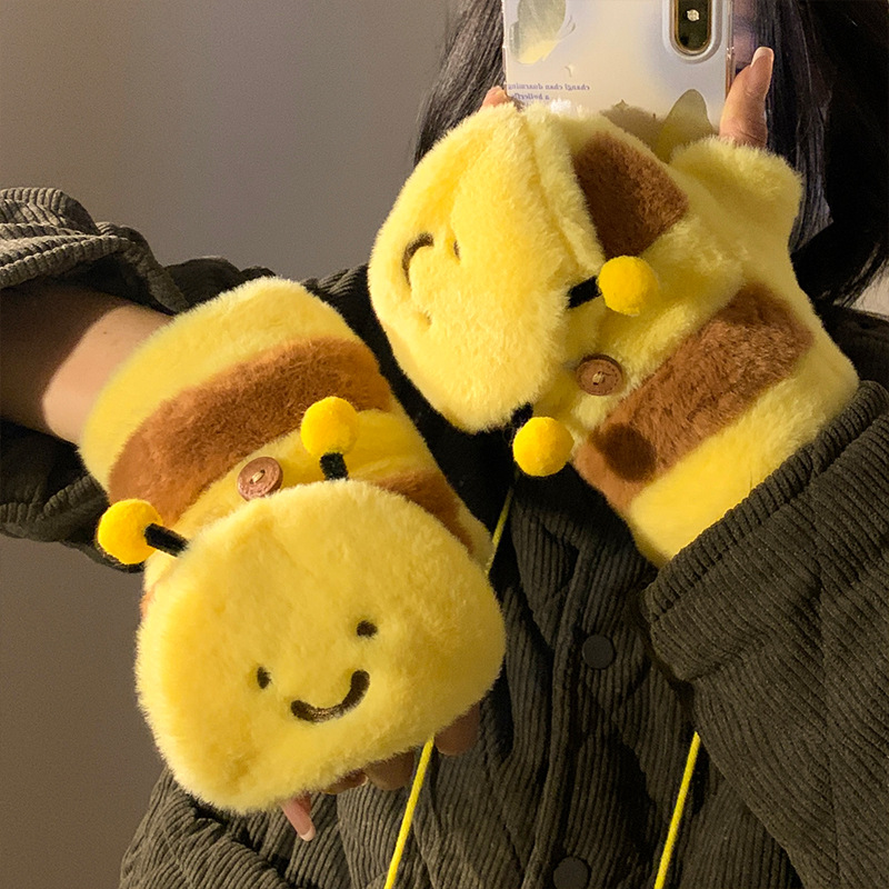 Honey bear arco guantes de peluche amarillos mujeres otoño invierno 2024 caliente versátil a prueba de viento motocicleta
