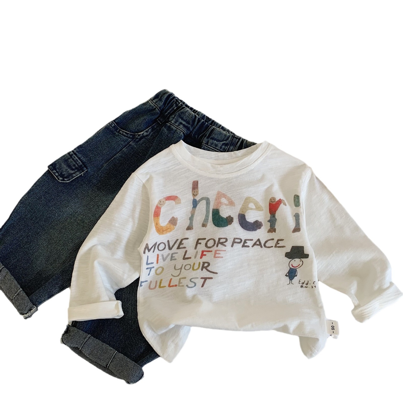 Mai Bao camiseta infantil 2025 primavera y otoño nuevo estilo de letras digitales impresión de camiseta de cuello redondo camiseta de base camiseta casual