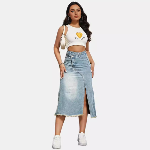 Summer New Deconstructed Slit High-Waist Denim Half-Shift Cotton High-Waist Slimming Design Women's Skirt