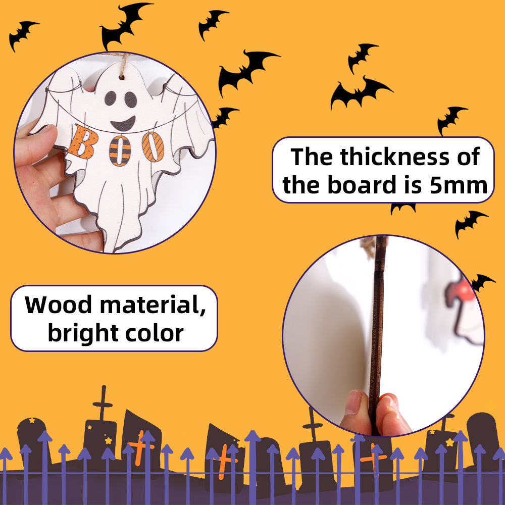 Decoración de Halloween, pequeño cartel de madera colgante, adorno DIY, bandera decorativa, decoración colgante de madera con diseño de calabaza y fantasma de dibujos animados para fiesta de Halloween.