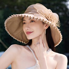 2026新款花朵欧根纱大檐防晒帽子女春夏季遮阳透气防紫外线渔夫帽