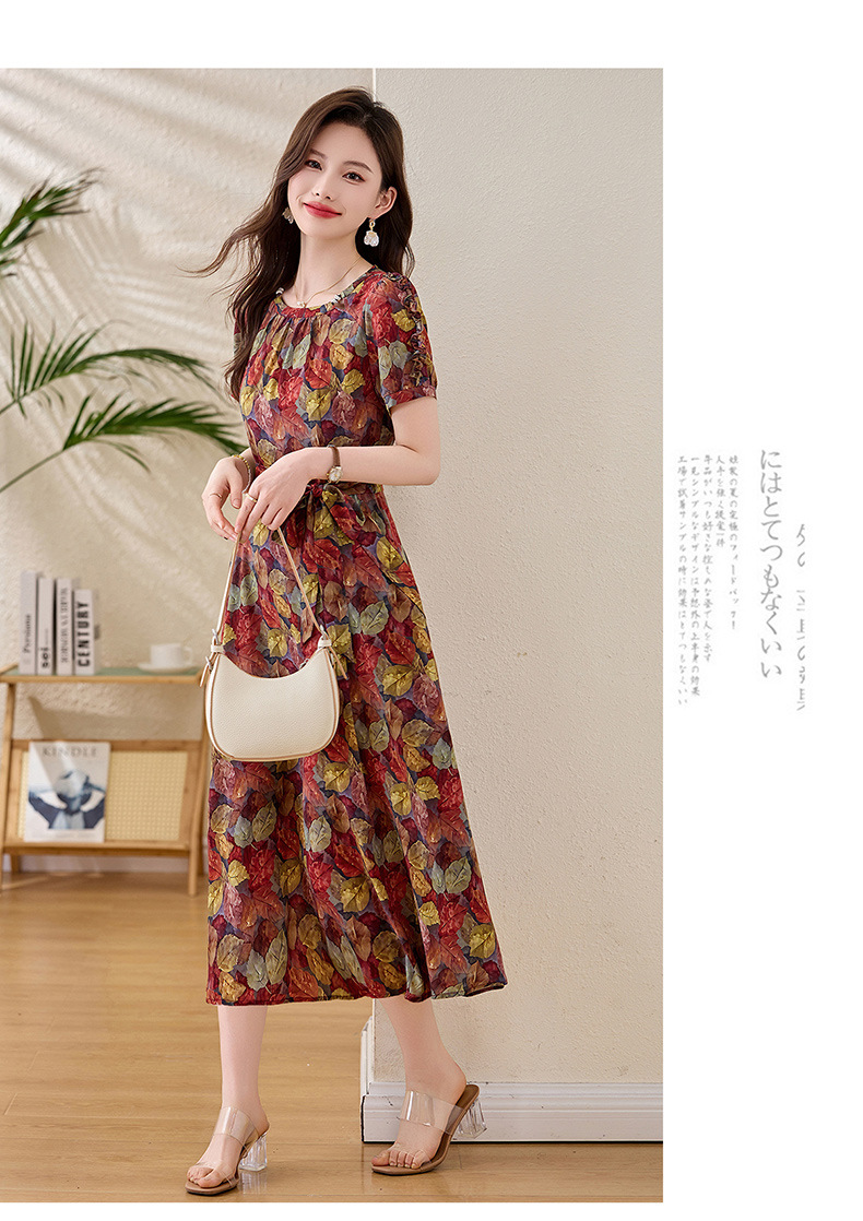 Váy liền hoa maxi nữ thắt eo thanh lịch mùa hè 2025 tay ngắn ôm eo — hoa đỏ, hoa hồng chi tiết 13