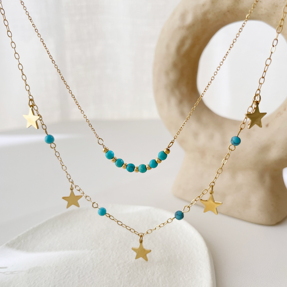 Fashion Star Double-layer Natural Turquoise Stainless Steel Necklace Wholesale display picture 5