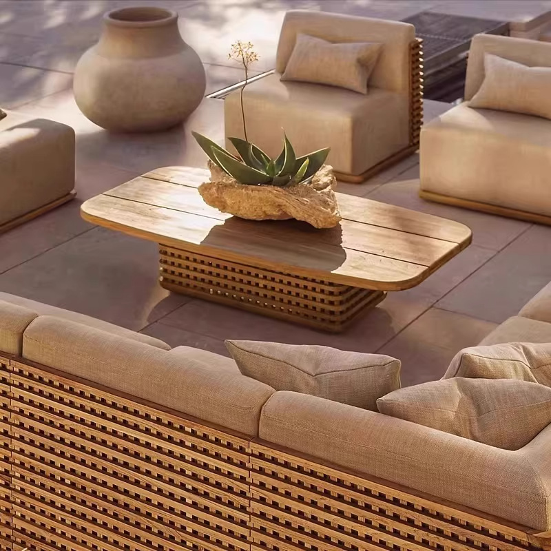 Sofá de teca de alta gama al aire libre villa patio silla de madera sólida al aire libre hotel al aire libre combinación de muebles impermeables