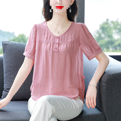 Summer Mother Thin Cotton Linen Top Stylish Versatile Slimming Short Sleeve Chiffon Shirt With Elegance Youthful Women's Shirt