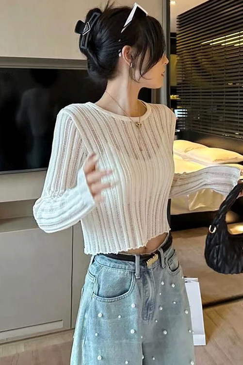 薄款镂空长袖针织衫女春夏季2025新款设计感修身防晒短款t恤上衣|undefined