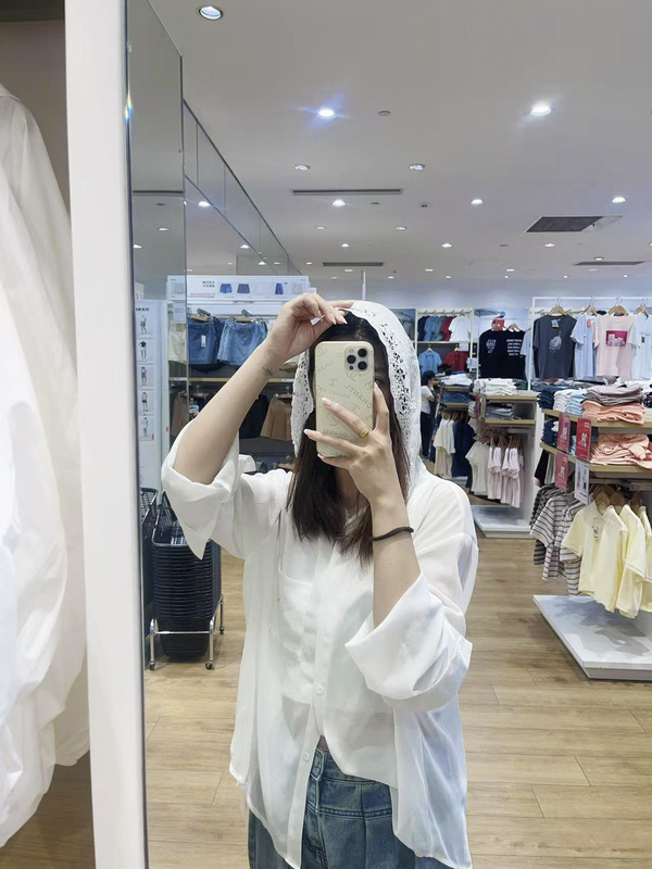 Real Shot of Hooded White Sun Protection Clothes for Women, Lace Splicing Shirt Tops, Long-Sleeved Thin Summer Cardigans