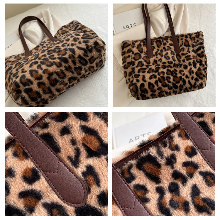 Cross-border quality plush bag, women's leopard print large-capacity tote bag, new lightweight Korean-style fashionable commuting single-shoulder bag undefined