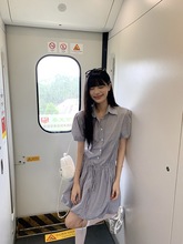 气质格子polo领短袖衬衫连衣裙女夏季高腰花苞裙子设计感a字短裙