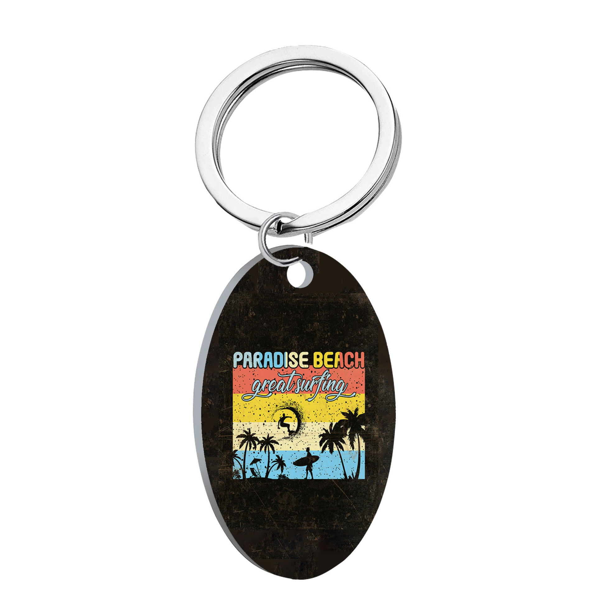 Amazon transfronteriza de acero inoxidable surf vintage teléfono móvil colgante llavero oval letras accesorios imagen impresa al por mayor