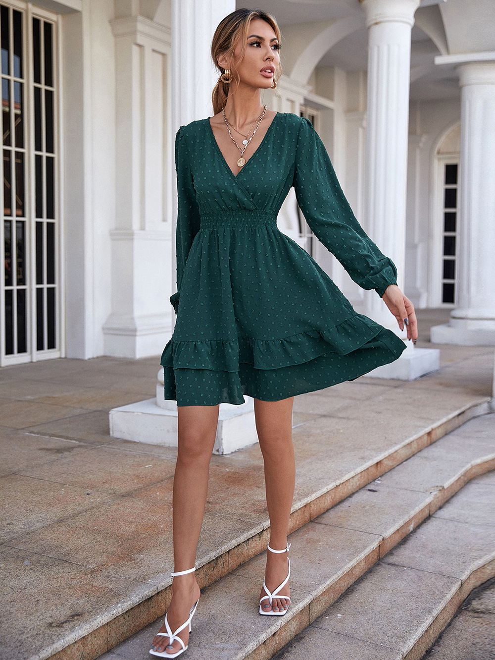 V-neck long-sleeved ruffled slim solid color dress NSNCK118644