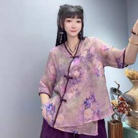 苎麻印花衬衫女2026夏季新款文艺复古斜襟盘扣V领宽松百搭衬衣