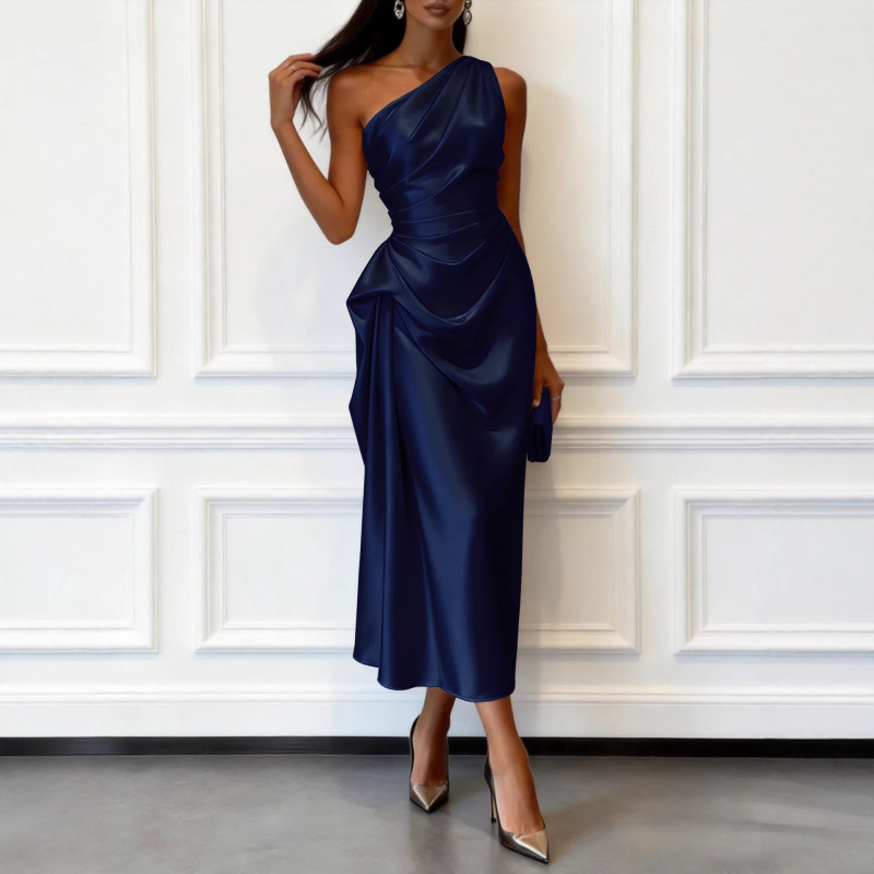 European and American cross-border 2026 summer high-elastic satin sleeveless one-shoulder waist-cinching mid-length dress elegant evening gown
