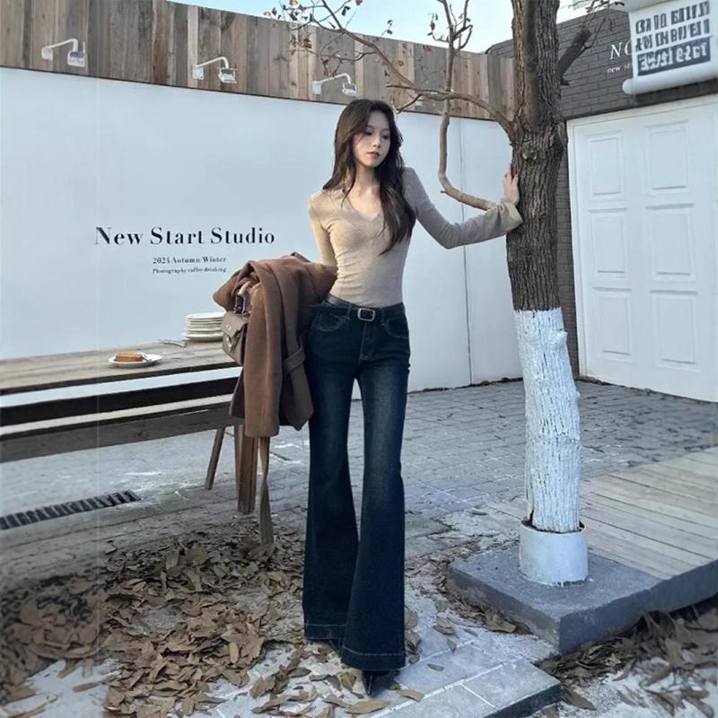 Dark Blue American Retro Flared Jeans for Women, Autumn and Winter Slimming Bootcut Pants, Slim Fit Flared Jeans, Straight-Leg Women's Jeans