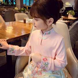女童中国风刺绣上衣春装2025新款儿童新中式盘扣女孩长袖打底T恤