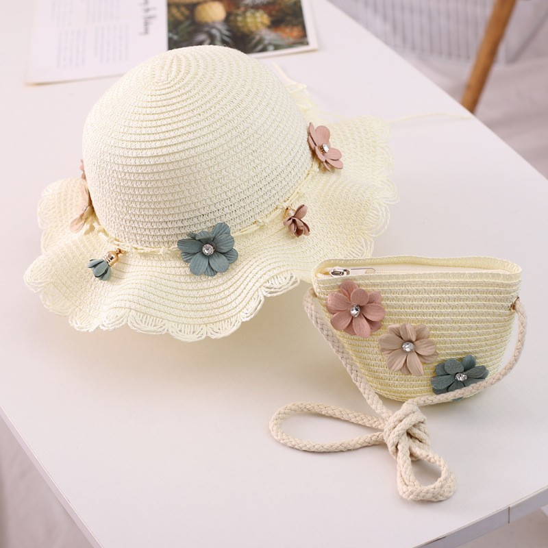 Flower diamond wavy edge straw hat-milk white
