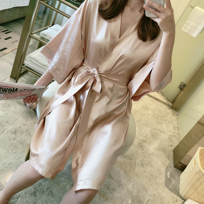 2025 Spring and Autumn Pajamas Women's New Simulated Silk Sexy Bathrobe Ice Silk Pajamas Solid Color Hotel Beauty Salon Bathrobe