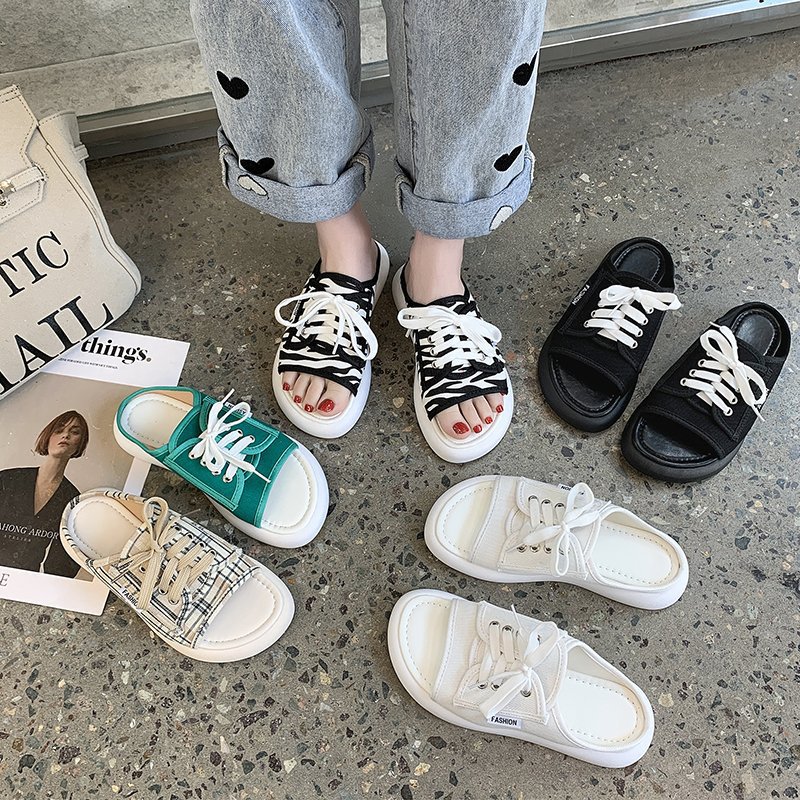 拖鞋女2021夏季新款潮流系帶露趾帆布休閑平底外穿壹字拖多色可選