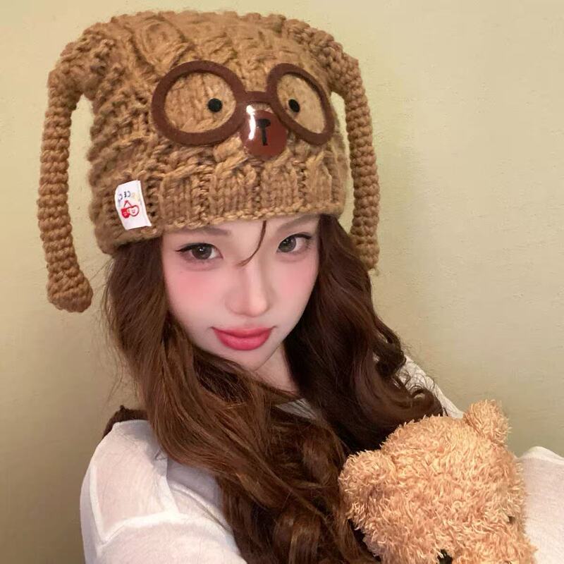 批发手工编织可爱眼镜小狗针织套头帽女秋冬保暖护耳毛线帽包头帽|undefined