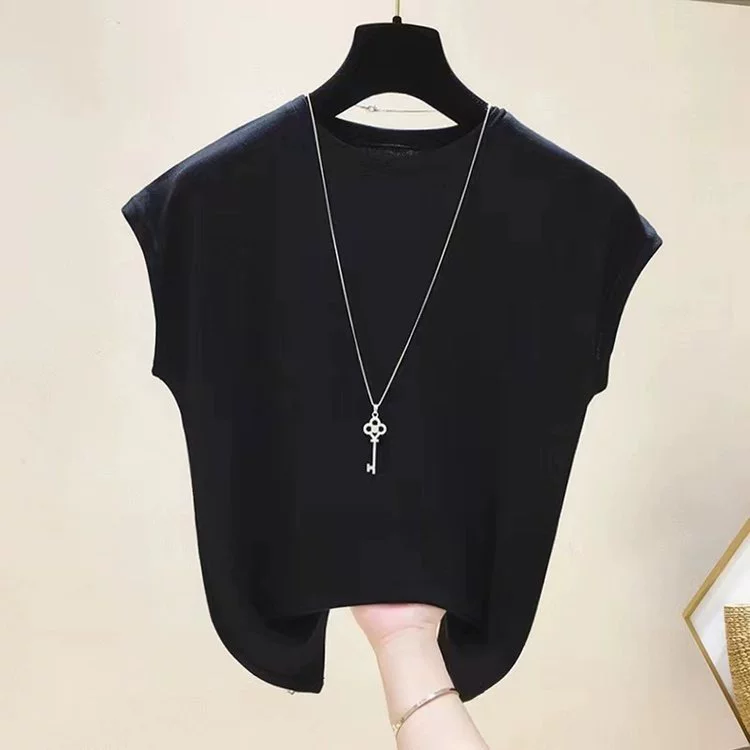 Прямая трансляция в том же стиле, лето 2023, новая модная универсальная однотонная женская элегантная универсальная футболка без рукавов в стиле мамы