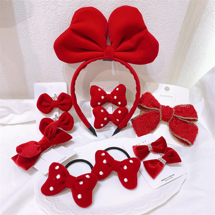 Children's Hair Clips Girls Princess Crown Bowknot Hair Clip Headwear Little Girl New Year Red Bow Tie Hair Circle Headband 