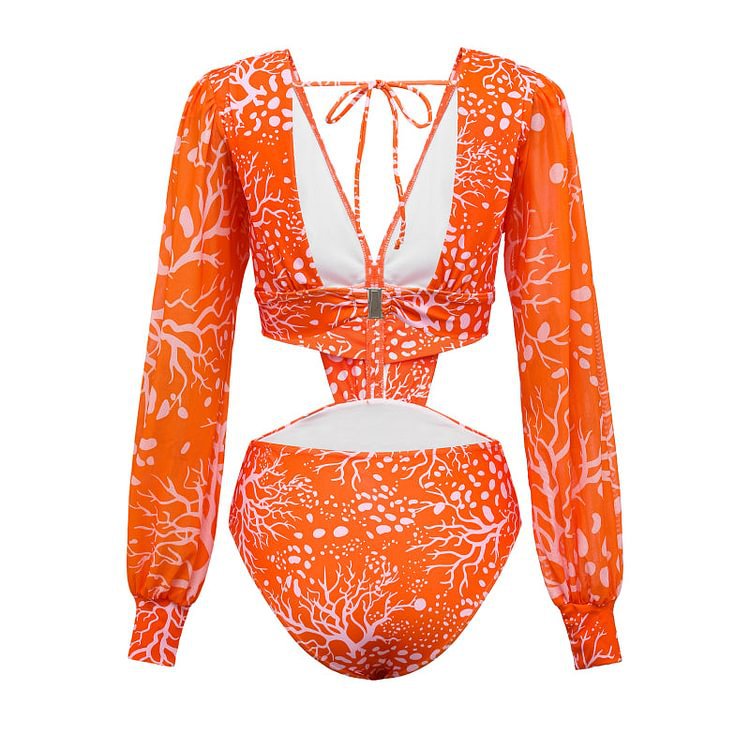 192g Weight Long Sleeve Sleeve Length Nylon, Polyester Fabric Type Regular Top Length Bodysuit Tops Type Swimming Occasion Deep V Neckline Skinny Fit Type Printing Pattern Women's Gender Hollow Out Design Sexy Style Women's Sexy Printing Hollow Out One Piece Swimwear 12