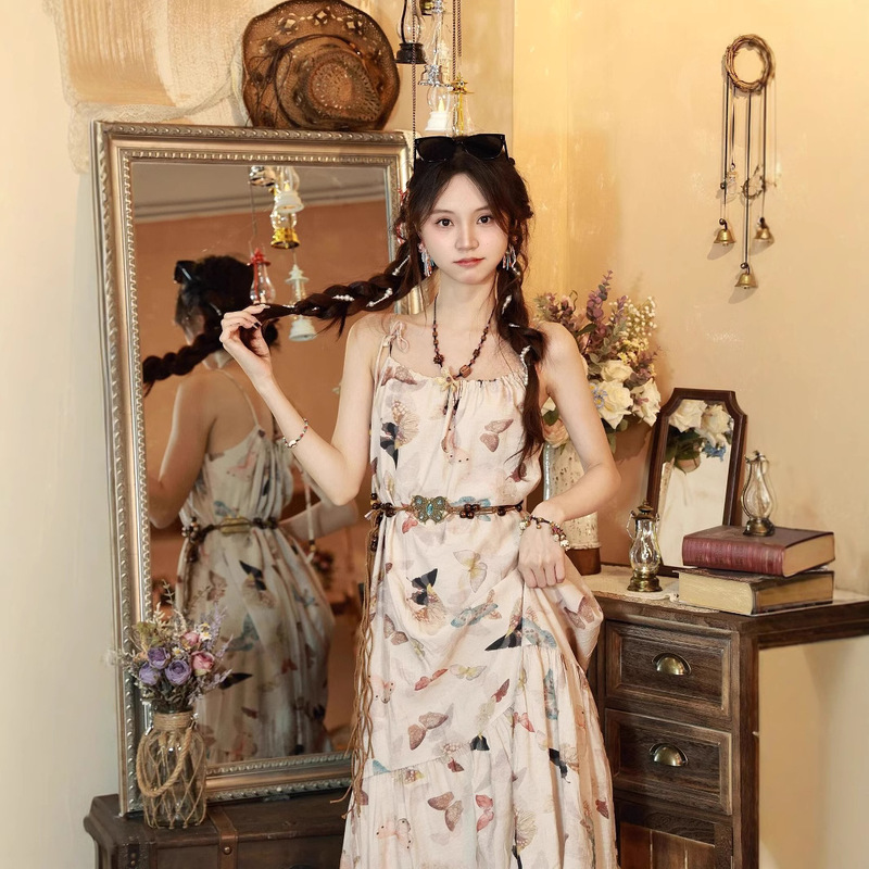 Bohemian Retro Sweet Long Dress Butterfly Print dress Super Fairy Floral Beaded Loose Slimming Slip Dress