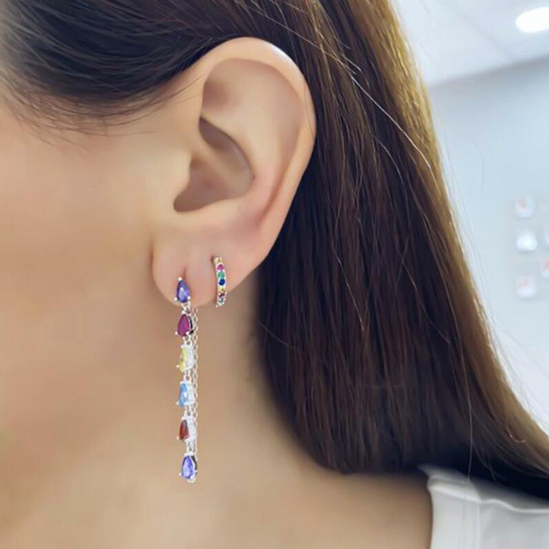 European And American Long Tassel Color Zircon Earrings display picture 2