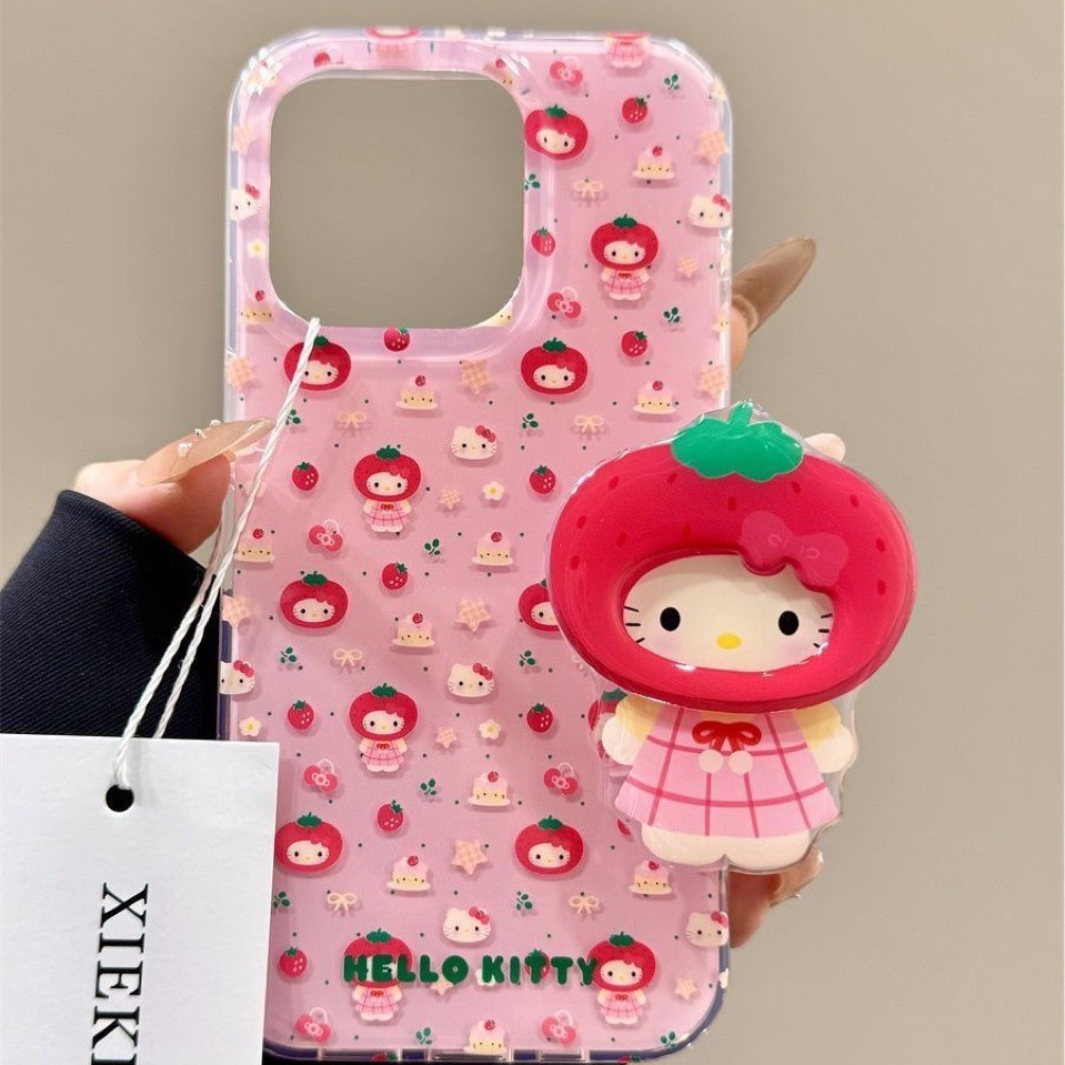 Pink Strawberry Headgear Kitty Apple 17 Mobile Phone Case Apple 16 Promax Bracket Girl Pink Hello Kitty