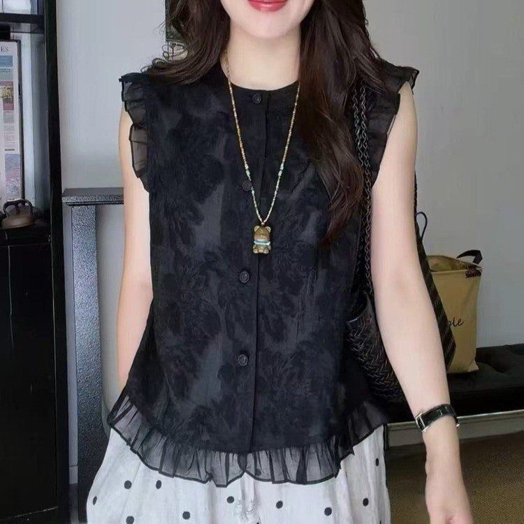 Original 2026 Summer New Fashion French Style Cut-Out Versatile Fashion Lace-Trimmed Round-Neck Shirt for Women