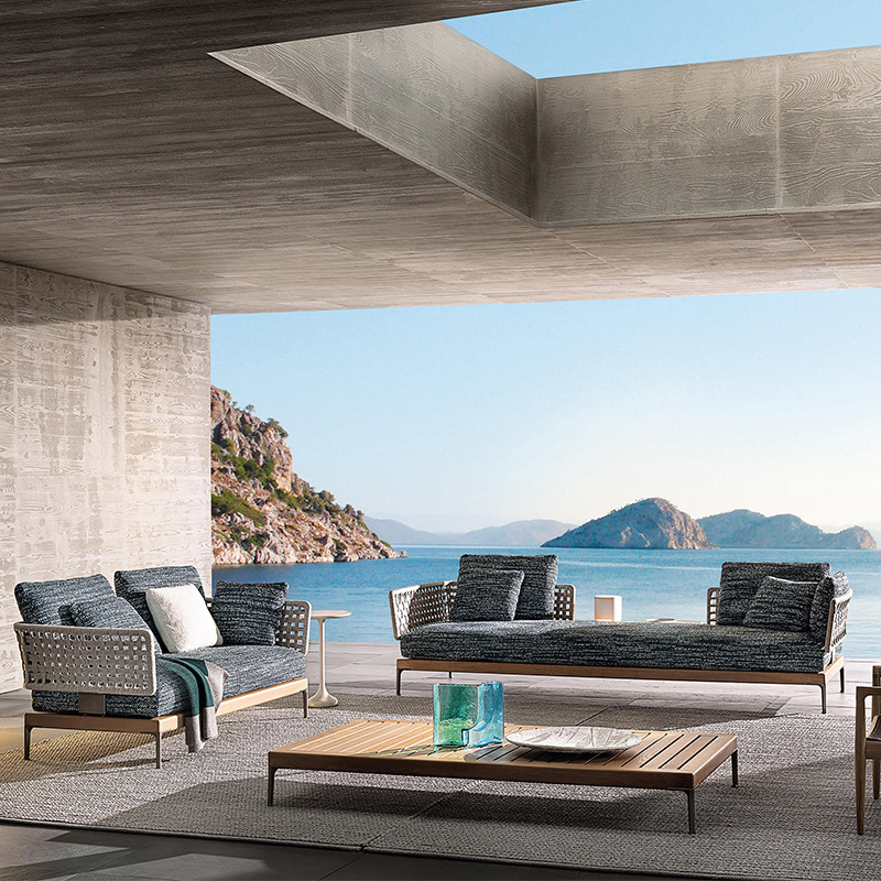 Combinación de sofá de ratán al aire libre Villa nórdica Patio Ocio Muebles de madera maciza Balcón Combinación de cuerda trenzada impermeable y solar