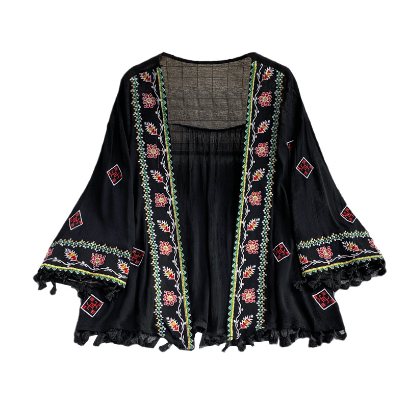 Dames bohemian artistieke retro chiffon cardigan zonder kraag, losvallend kanten shirt, lente 2023, gratis verzending_voghion.com