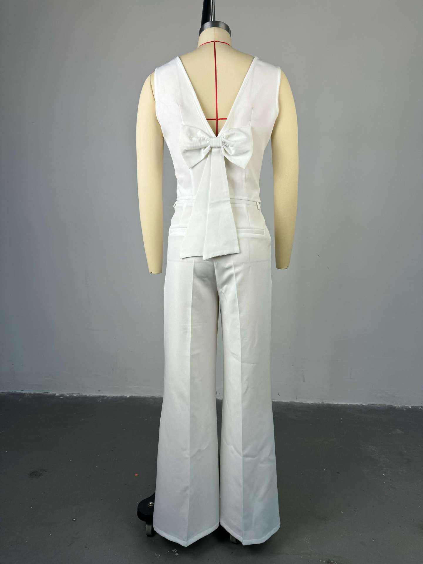 Women Clothing Spring Solid Color Backless Bow Top Wide Leg Trousers Casual Suit