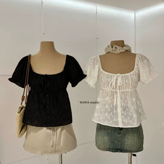 WGWE夏季法式甜美风提花蕾丝百搭显瘦系带方领短袖衬衫女装W10149