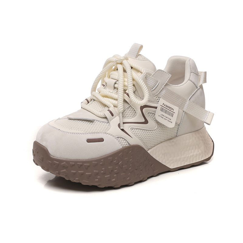 Giày sneaker nữ đế dày tăng chiều cao lưới thoáng khí phong cách thể thao — màu be