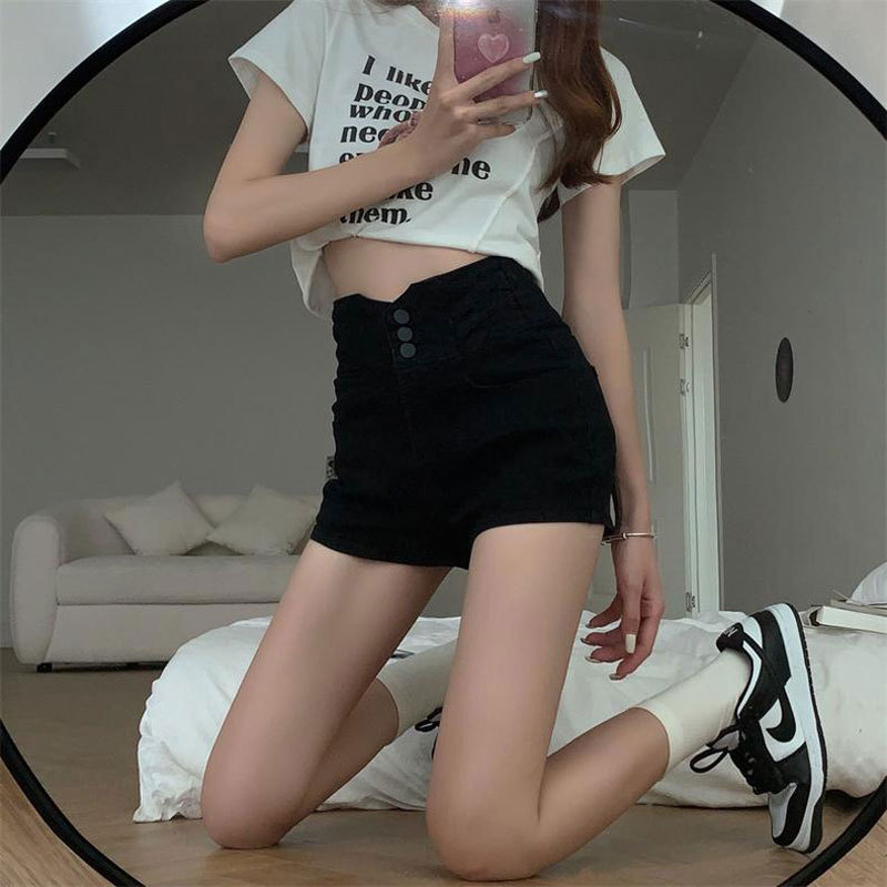 Breasted Cross Straight A- line Shorts Women's Slim-fit Stretch Super-high Waist Black Ins Hot Pants for Hot Hip Denim Breasted Cross Straight A- line Shorts Women's Slim-fit Stretch Super-high Waist Black Ins Hot Pants for Hot Hip Denim