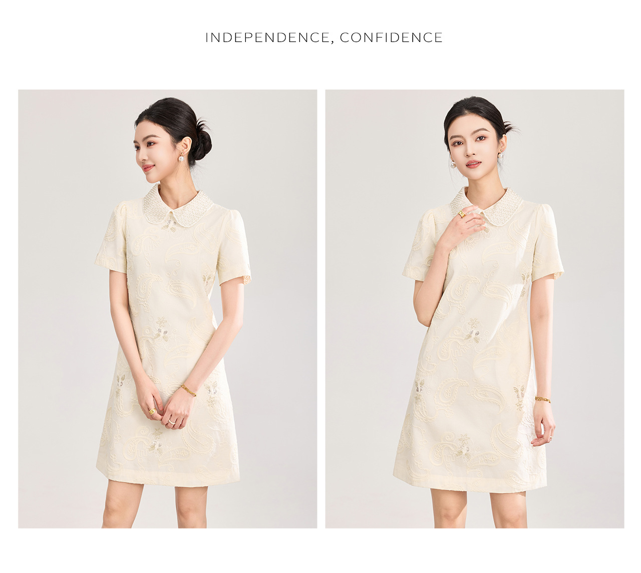 Đầm suông nữ midi cổ búp bê tay ngắn thêu ren đính cườm phong cách tiểu thư — màu sắc chi tiết 13